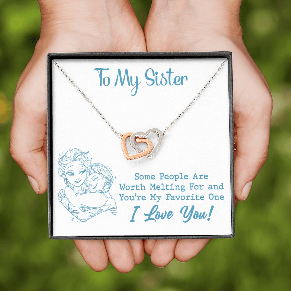 TO MY SISTER WORTH MELTING HUG SKY BLUE INTERLOCKING HEARTS NECKLACE GIFT SET - ON CLOUD NINE GIFTS