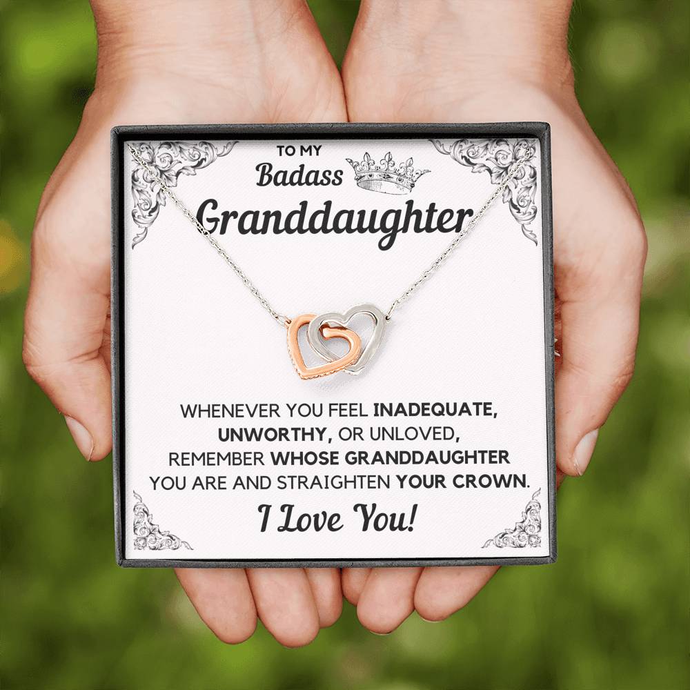 TO MY BADASS GRANDDAUGHTER CROWN DECORATION INTERLOCKING HEARTS NECKLACE GIFT SET - ON CLOUD NINE GIFTS