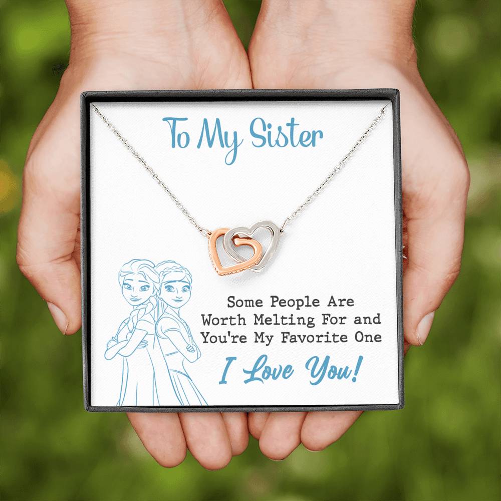 TO MY SISTER WORTH MELTING SKY BLUE INTERLOCKING HEARTS NECKLACE GIFT SET - ON CLOUD NINE GIFTS