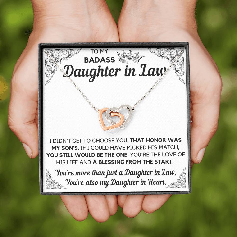 TO MY BADASS DAUGHTER-IN-LAW HONOR INTERLOCKING HEARTS NECKLACE GIFT SET - ON CLOUD NINE GIFTS