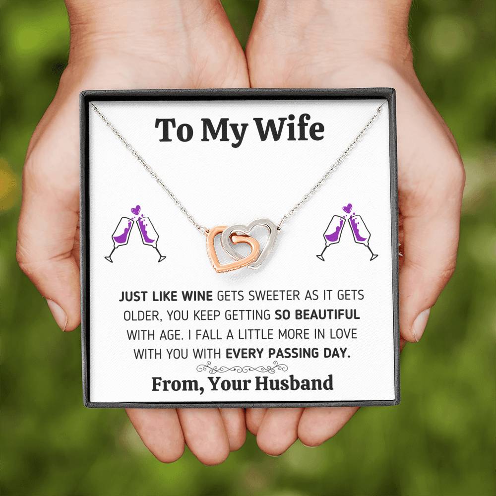 TO MY WIFE "JUST LIKE WINE" INTERLOCKING HEARTS NECKLACE GIFT SET - ON CLOUD NINE GIFTS