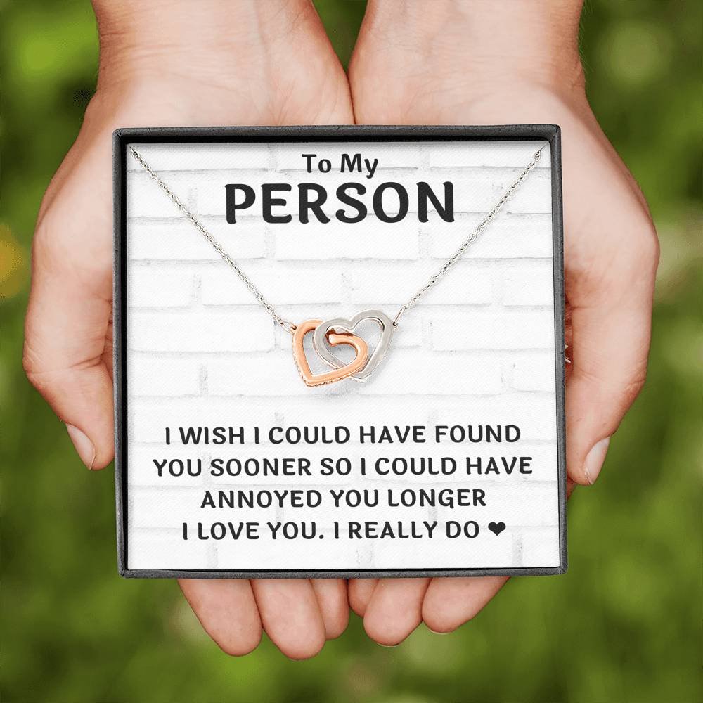 TO MY PERSON "FOUND YOU SOONER" INTERLOCKING HEARTS NECKLACE GIFT SET - ON CLOUD NINE GIFTS