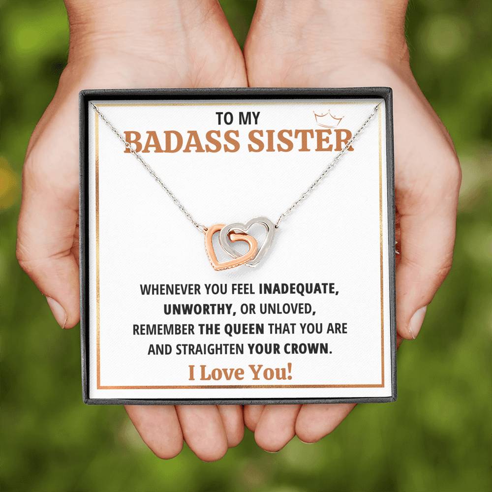 TO MY BADASS SISTER QUEEN INTERLOCKING HEARTS NECKLACE GIFT SET - ON CLOUD NINE GIFTS