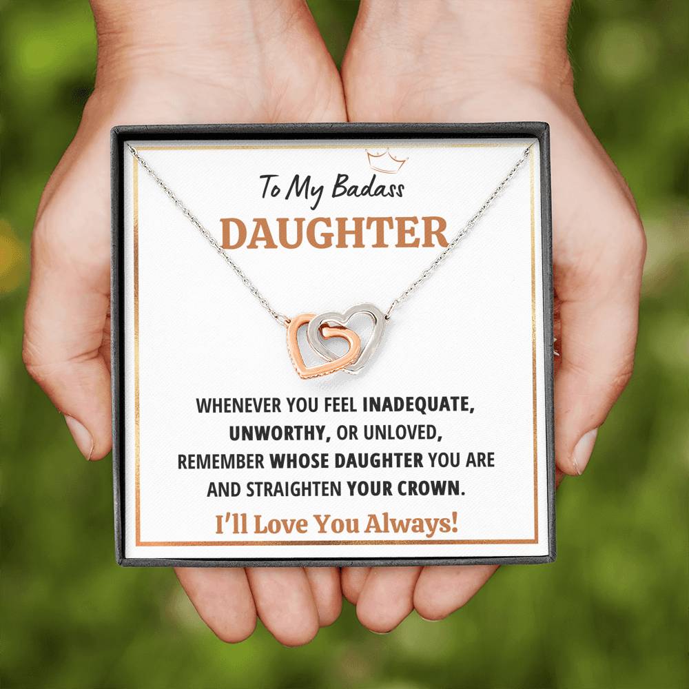 TO MY BADASS DAUGHTER CROWN INTERLOCKING HEARTS NECKLACE GIFT SET - ON CLOUD NINE GIFTS