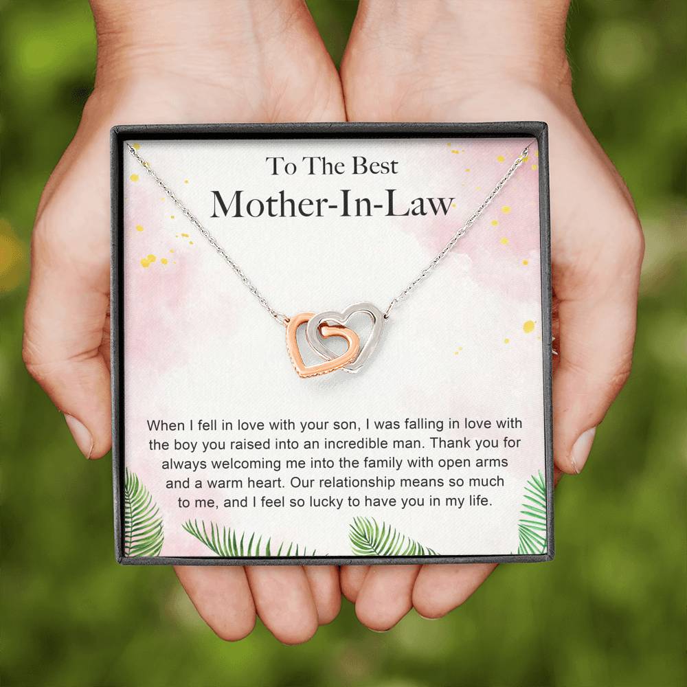 TO THE BEST MOTHER IN LAW "WARM HEART-PB" INTERLOCKING HEARTS NECKLACE GIFT SET - ON CLOUD NINE GIFTS