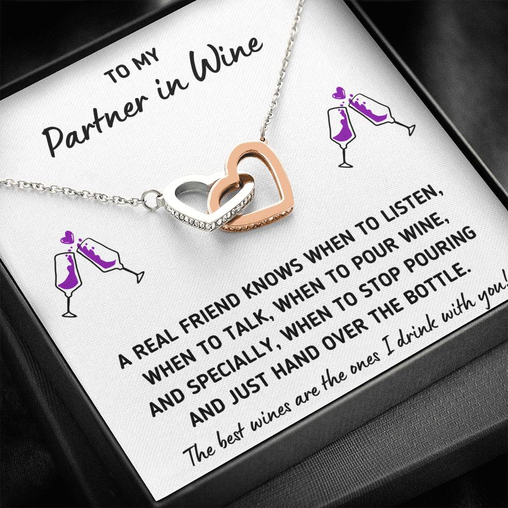 TO MY PARTNER IN WINE "HAND OVER THE BOTTLE" INTERLOCKING HEARTS NECKLACE GIFT SET - ON CLOUD NINE GIFTS