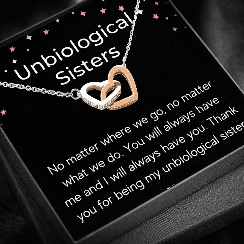UNBIOLOGICAL SISTERS "NO MATTER WHERE WE GO" INTERLOCKING HEARTS NECKLACE GIFT SET - ON CLOUD NINE GIFTS