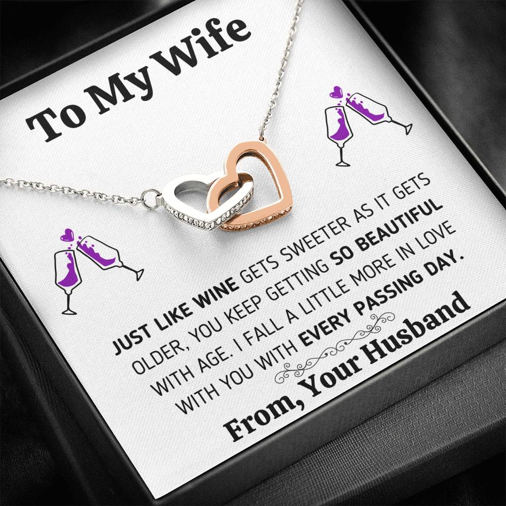 TO MY WIFE "JUST LIKE WINE" INTERLOCKING HEARTS NECKLACE GIFT SET - ON CLOUD NINE GIFTS