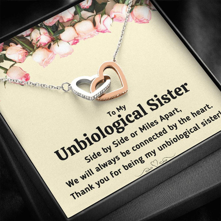 TO MY UNBIOLOGICAL SISTER "CONNECTED BY THE HEART" INTERLOCKING HEARTS NECKLACE GIFT SET - ON CLOUD NINE GIFTS