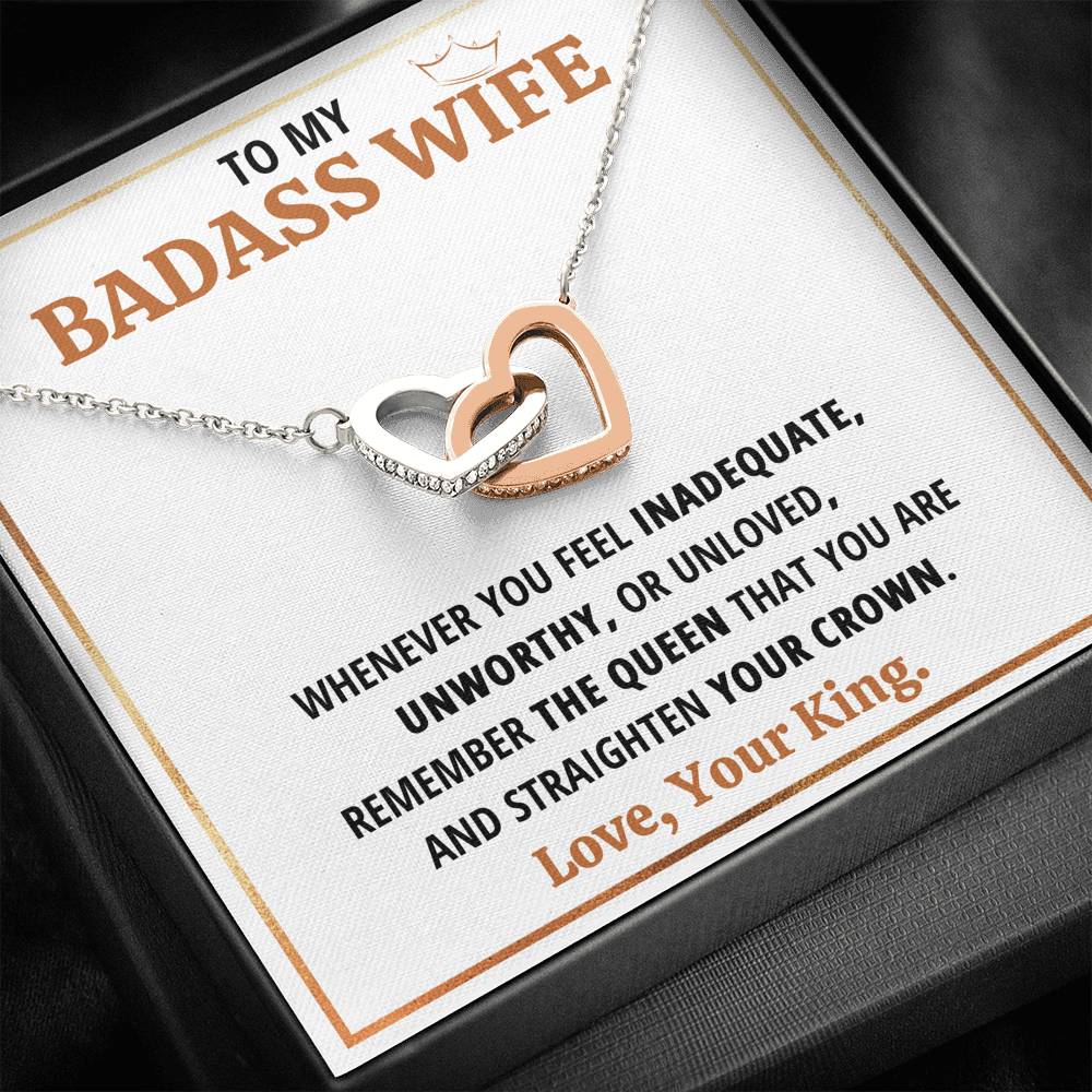 TO MY BADASS WIFE QUEEN INTERLOCKING HEARTS NECKLACE GIFT SET - ON CLOUD NINE GIFTS