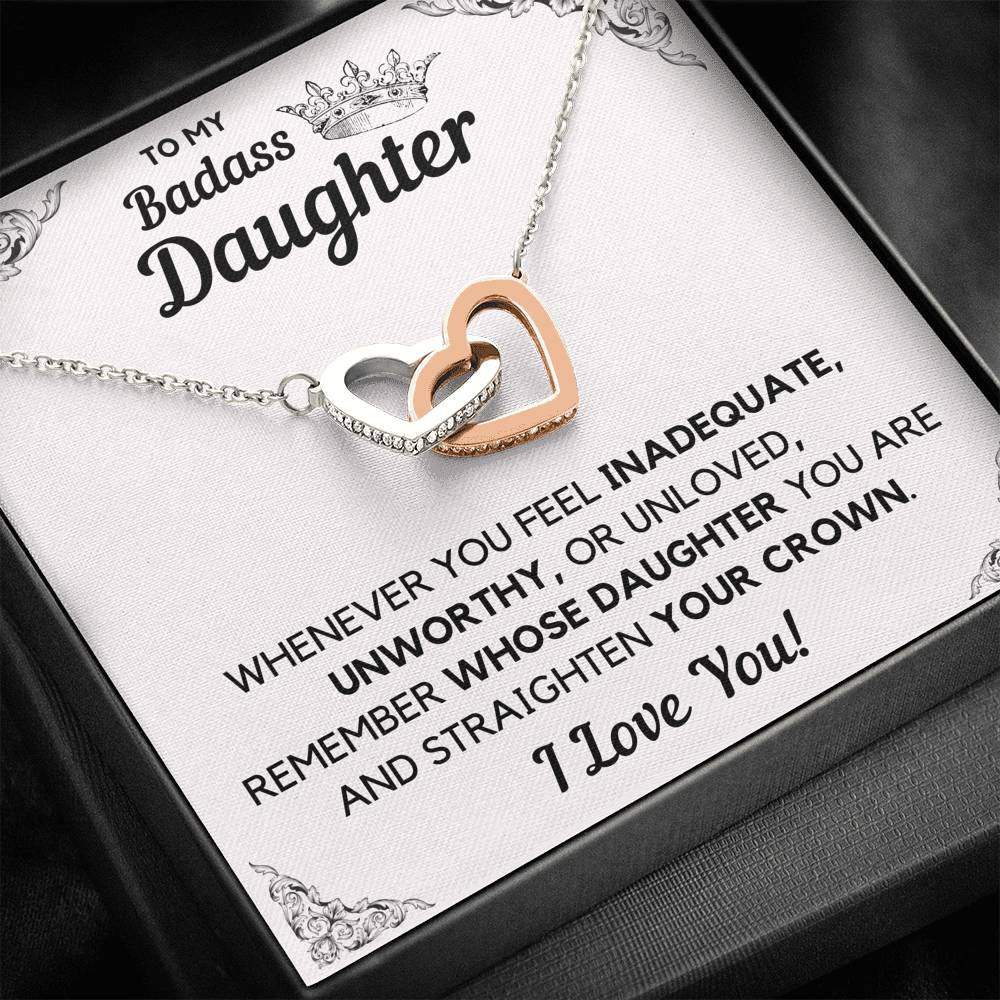 TO MY BADASS DAUGHTER CROWN DECORATION INTERLOCKING HEARTS NECKLACE GIFT SET - ON CLOUD NINE GIFTS