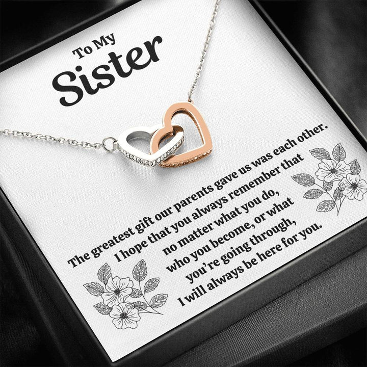 TO MY SISTER "OUR PARENTS" INTERLOCKING HEARTS NECKLACE GIFT SET - ON CLOUD NINE GIFTS