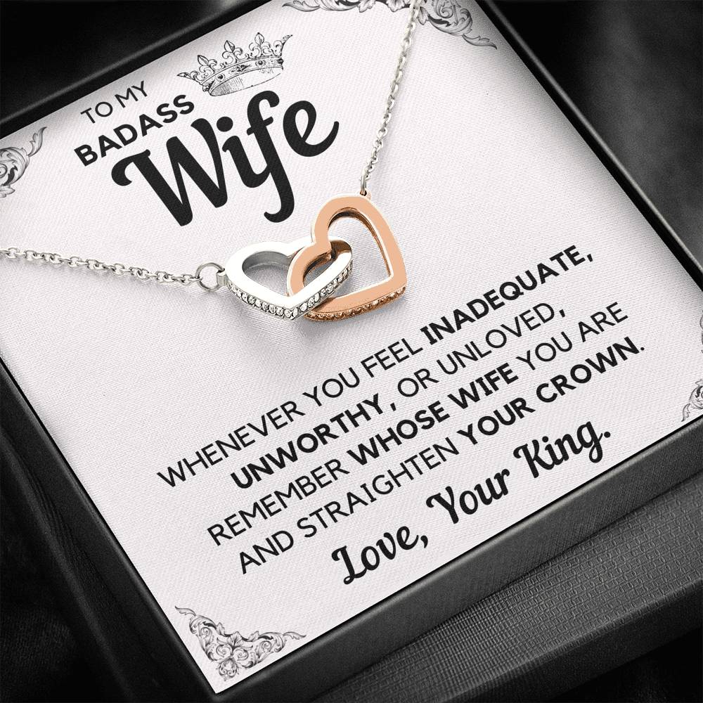 TO MY BADASS WIFE CROWN DECORATION INTERLOCKING HEARTS NECKLACE GIFT SET - ON CLOUD NINE GIFTS