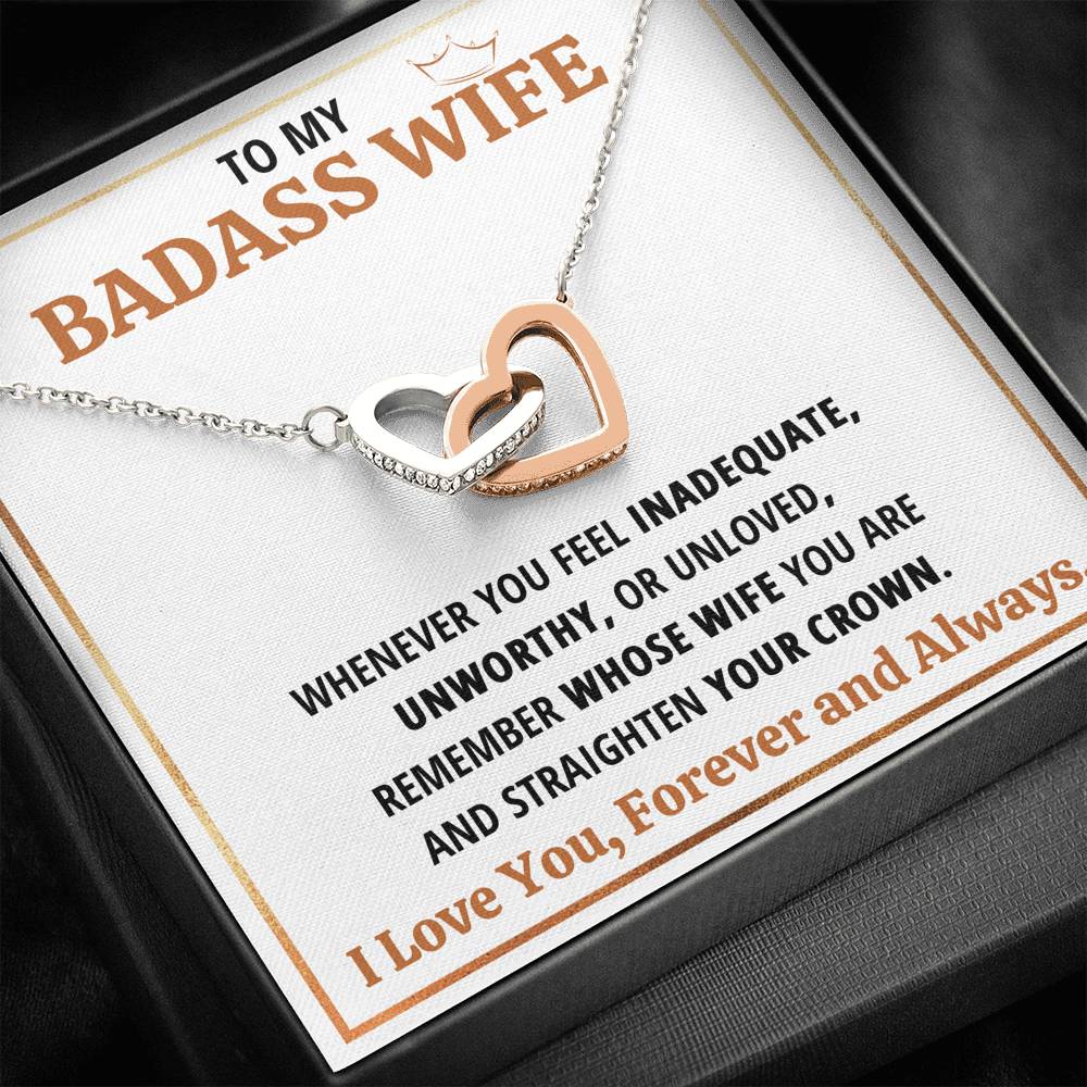 TO MY BADASS WIFE CROWN INTERLOCKING HEARTS NECKLACE GIFT SET - ON CLOUD NINE GIFTS