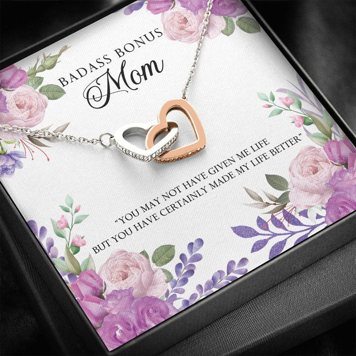 TO MY BADASS BONUS MOM "LIFE-SO" INTERLOCKING HEARTS NECKLACE GIFT SET - ON CLOUD NINE GIFTS