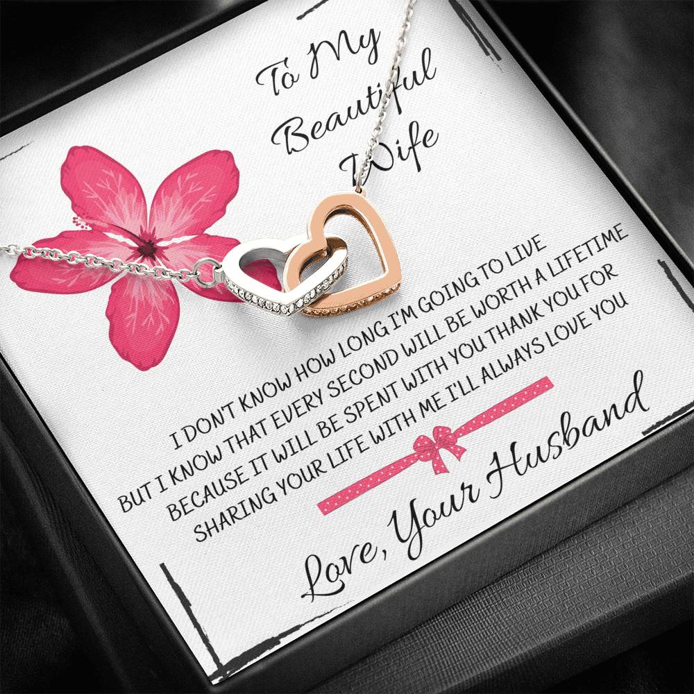TO MY BEAUTIFUL WIFE "EVERY SECOND" INTERLOCKING HEARTS NECKLACE GIFT SET - ON CLOUD NINE GIFTS