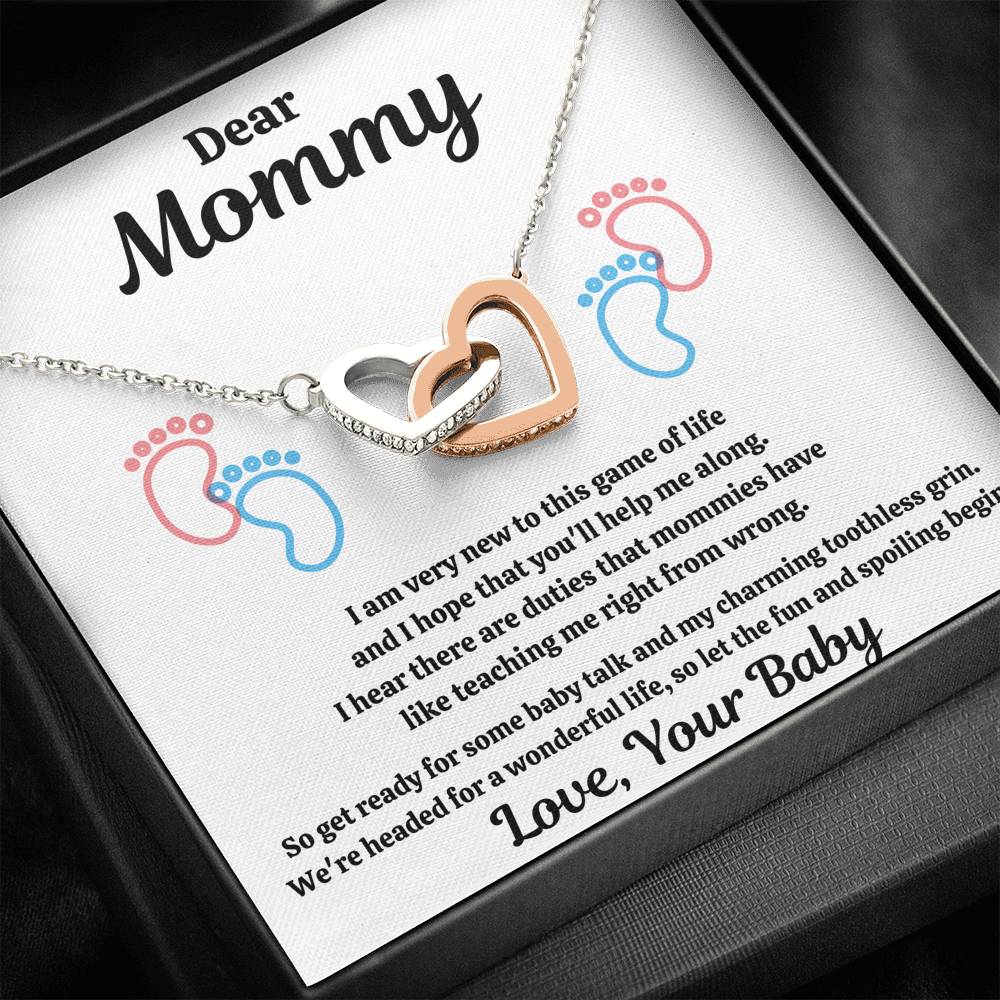 DEAR MOMMY "SPOILING BABY-FEET WHITE" INTERLOCKING HEARTS NECKLACE GIFT SET - ON CLOUD NINE GIFTS