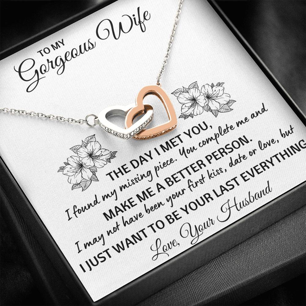 TO MY GORGEOUS WIFE "LAST EVERYTHING" INTERLOCKING HEARTS NECKLACE GIFT SET - ON CLOUD NINE GIFTS