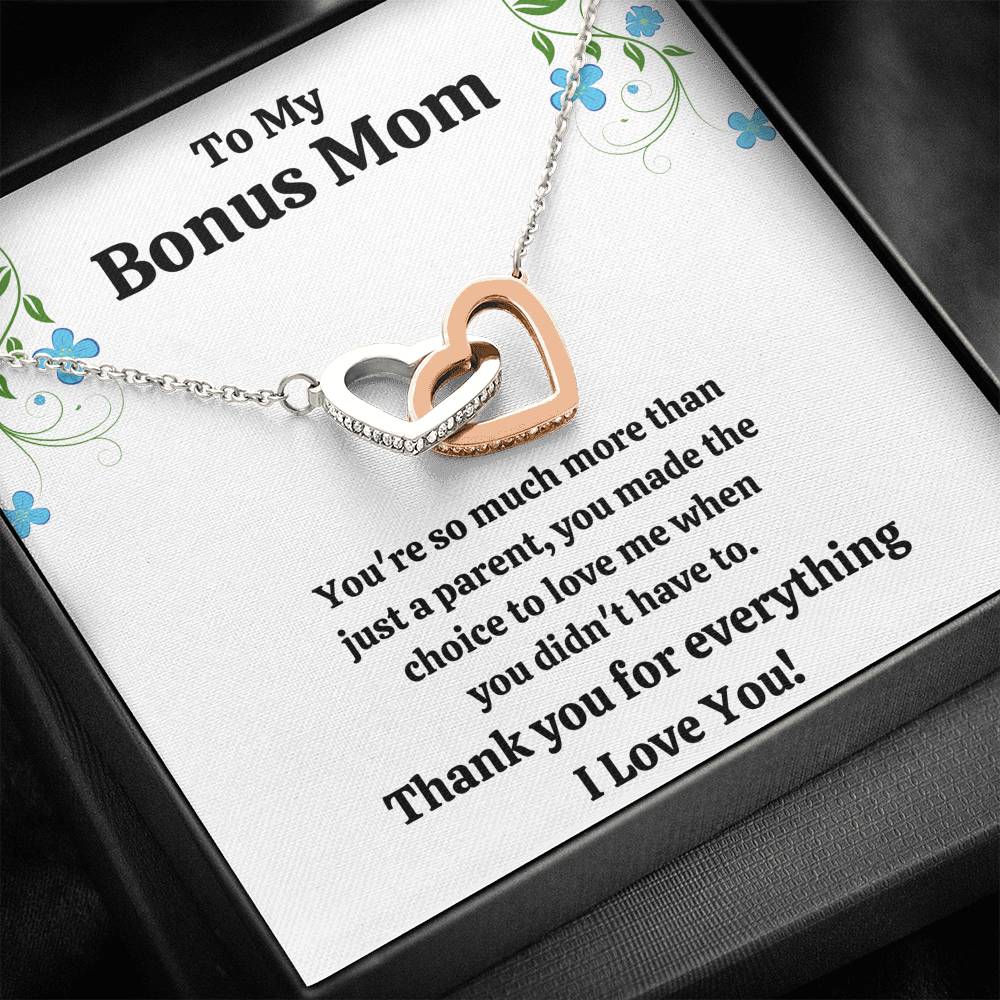 TO MY BONUS MOM "CHOICE TO LOVE ME" INTERLOCKING HEARTS NECKLACE GIFT SET - ON CLOUD NINE GIFTS