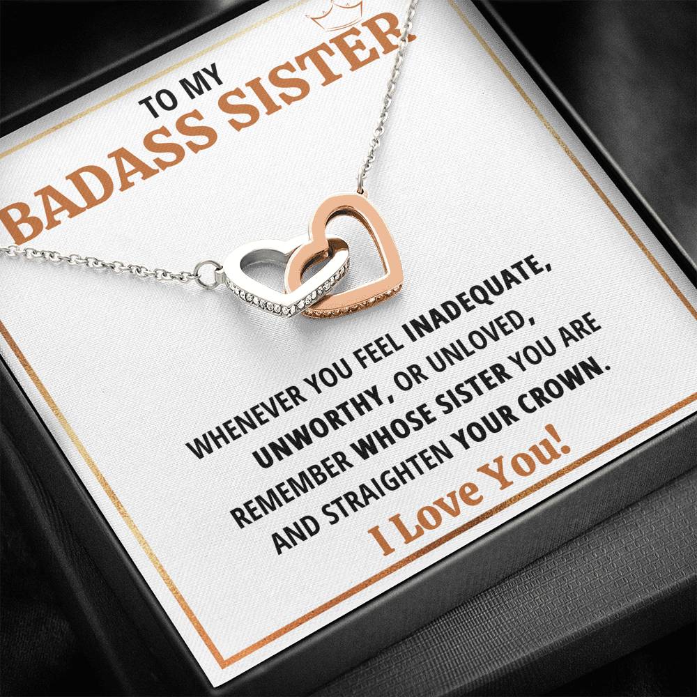 TO MY BADASS SISTER CROWN INTERLOCKING HEARTS NECKLACE GIFT SET - ON CLOUD NINE GIFTS