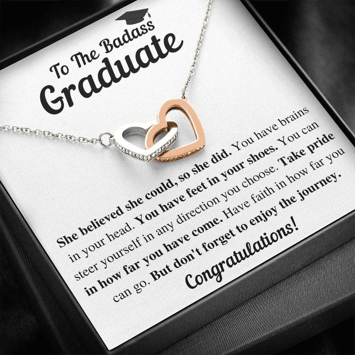 TO THE BADASS GRADUATE SHE DID INTERLOCKING HEARTS NECKLACE GIFT SET - ON CLOUD NINE GIFTS