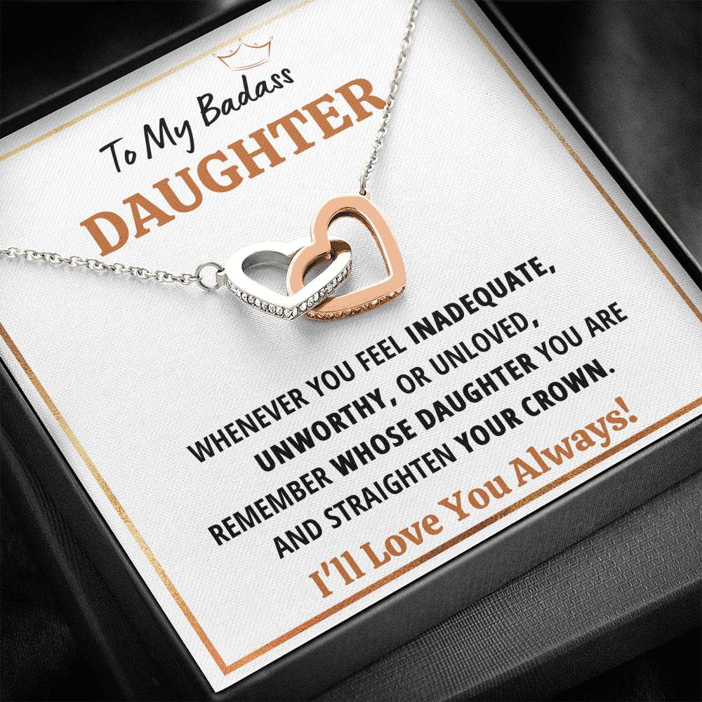 TO MY BADASS DAUGHTER CROWN INTERLOCKING HEARTS NECKLACE GIFT SET - ON CLOUD NINE GIFTS