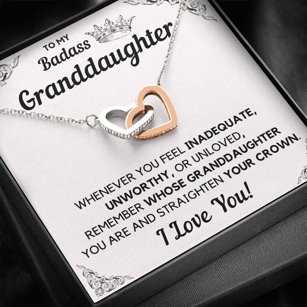TO MY BADASS GRANDDAUGHTER CROWN DECORATION INTERLOCKING HEARTS NECKLACE GIFT SET - ON CLOUD NINE GIFTS