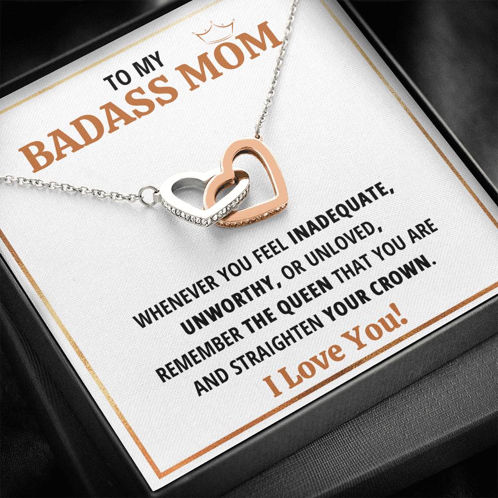 TO MY BADASS MOM QUEEN INTERLOCKING HEARTS NECKLACE GIFT SET - ON CLOUD NINE GIFTS