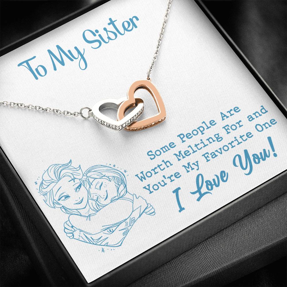 TO MY SISTER WORTH MELTING HUG SKY BLUE INTERLOCKING HEARTS NECKLACE GIFT SET - ON CLOUD NINE GIFTS