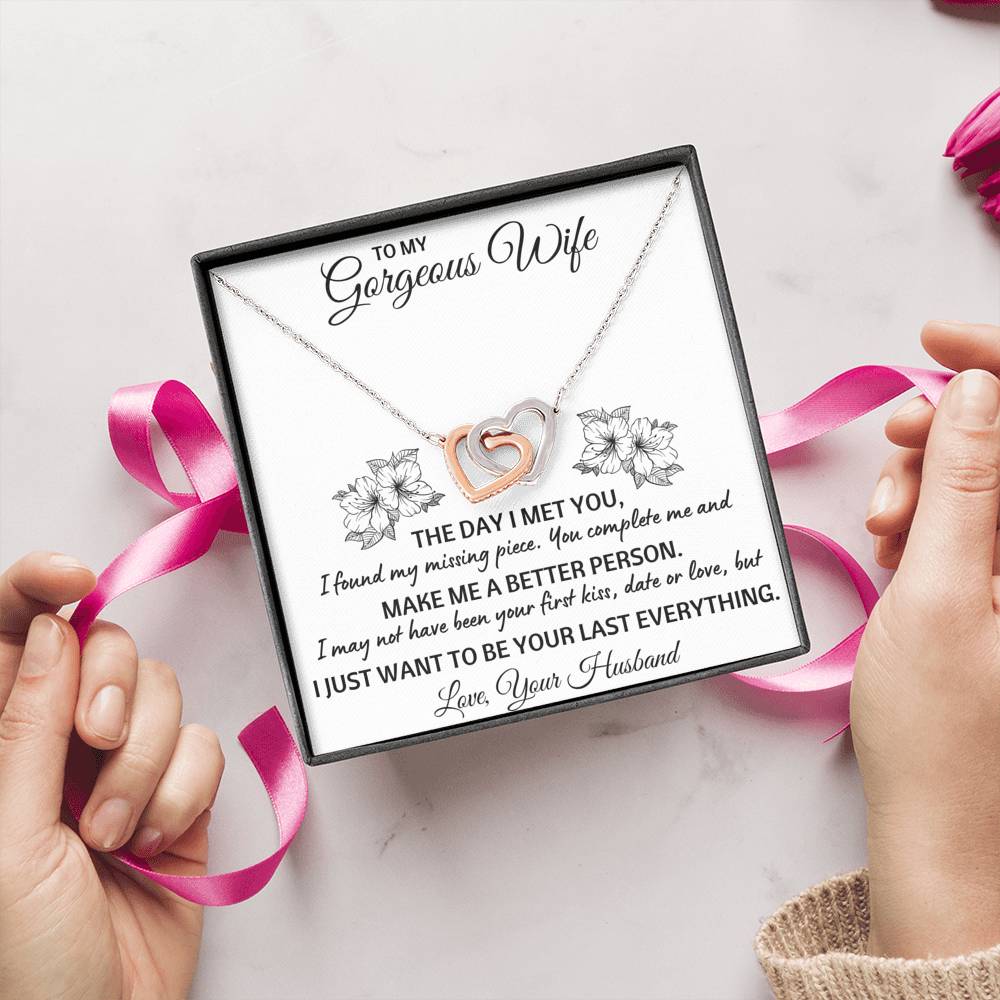 TO MY GORGEOUS WIFE "LAST EVERYTHING" INTERLOCKING HEARTS NECKLACE GIFT SET - ON CLOUD NINE GIFTS