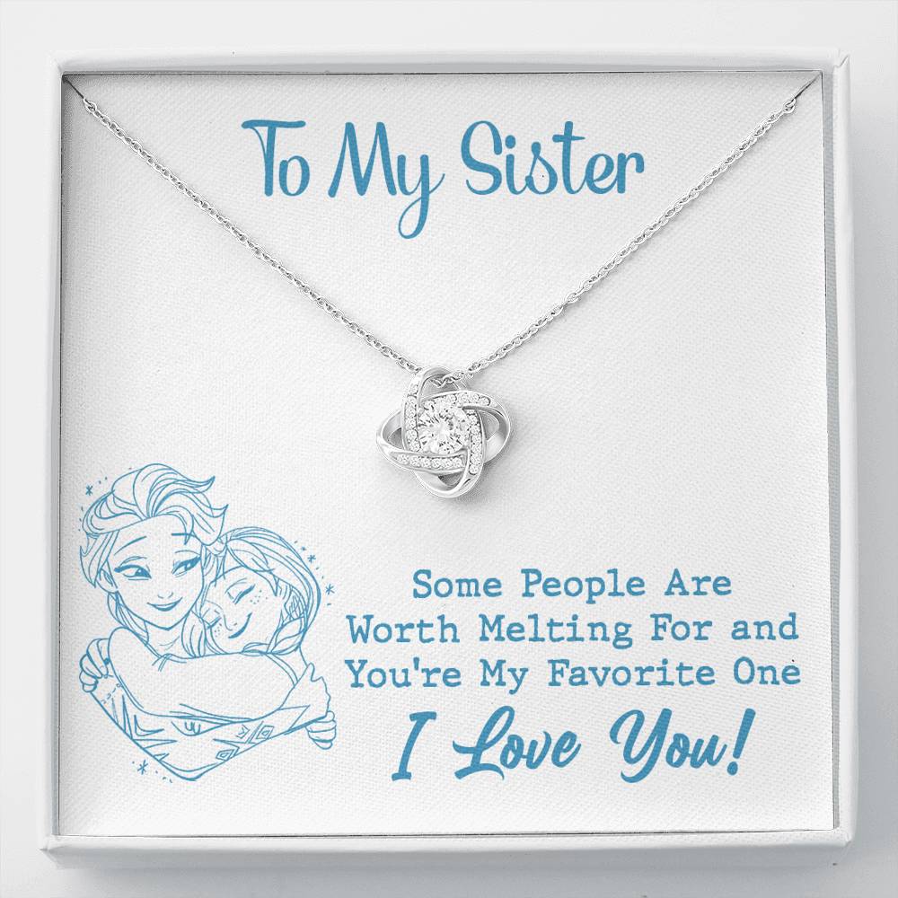 TO MY SISTER WORTH MELTING HUG SKY BLUE LOVE KNOT NECKLACE GIFT SET - ON CLOUD NINE GIFTS