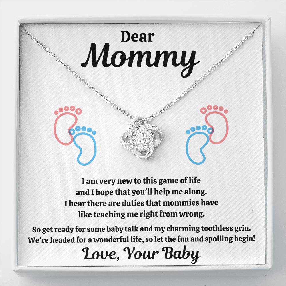 DEAR MOMMY "SPOILING BABY-FEET WHITE" LOVE KNOT NECKLACE GIFT SET - ON CLOUD NINE GIFTS