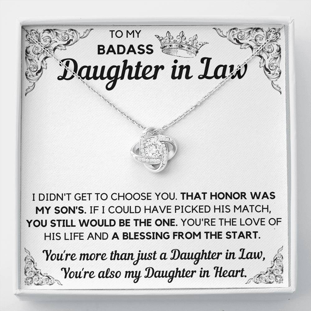 TO MY BADASS DAUGHTER-IN-LAW HONOR LOVE KNOT NECKLACE GIFT SET - ON CLOUD NINE GIFTS