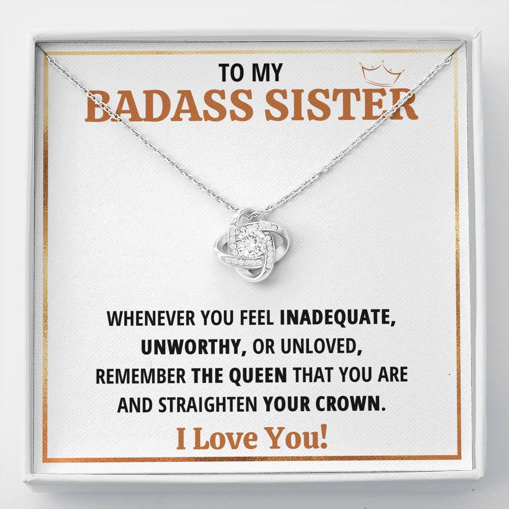 TO MY BADASS SISTER QUEEN LOVE KNOT NECKLACE GIFT SET - ON CLOUD NINE GIFTS