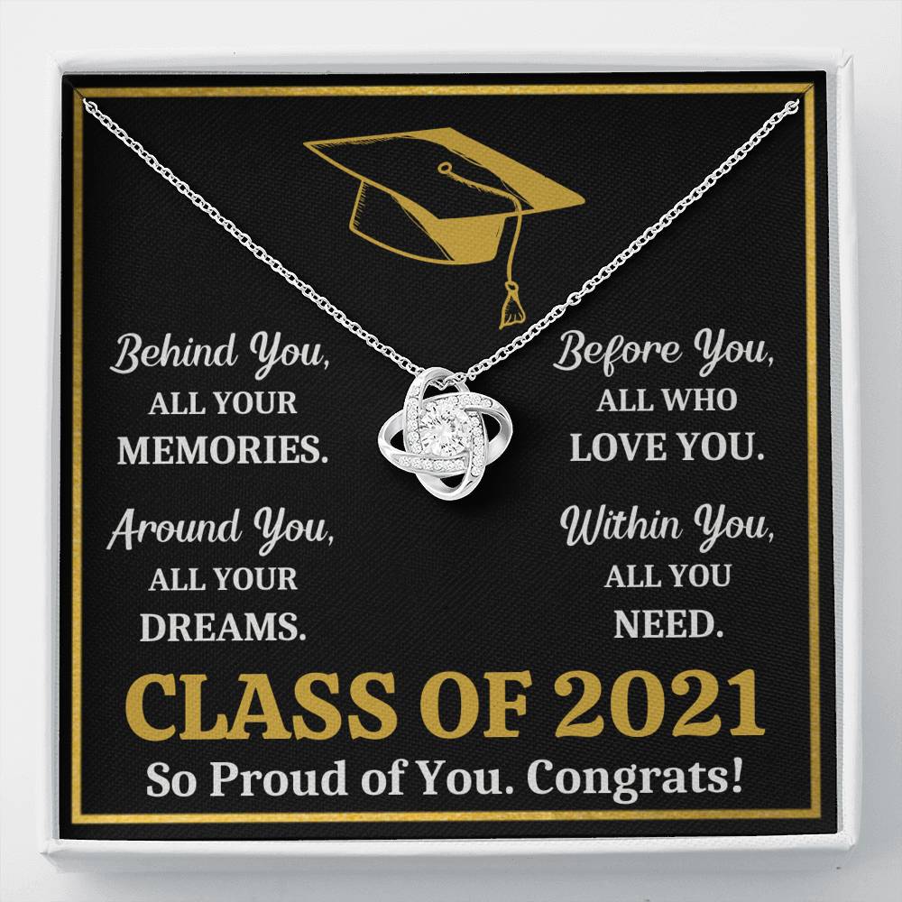 GRADUATION 2021 ALL YOU NEED GOLD LOVE KNOT NECKLACE GIFT SET - ON CLOUD NINE GIFTS