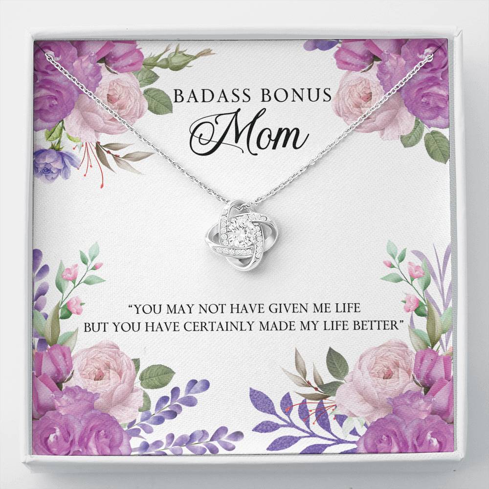 TO MY BADASS BONUS MOM "LIFE-SO" LOVE KNOT NECKLACE GIFT SET - ON CLOUD NINE GIFTS