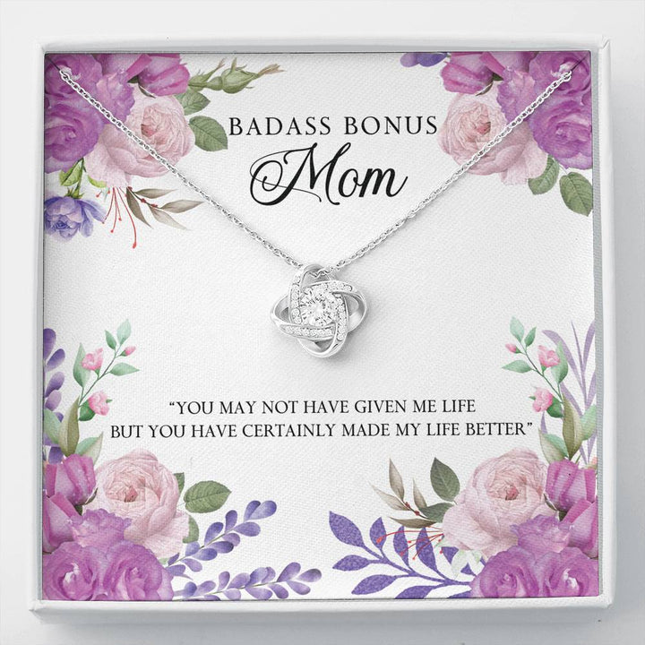 TO MY BADASS BONUS MOM "LIFE-SO" LOVE KNOT NECKLACE GIFT SET - ON CLOUD NINE GIFTS