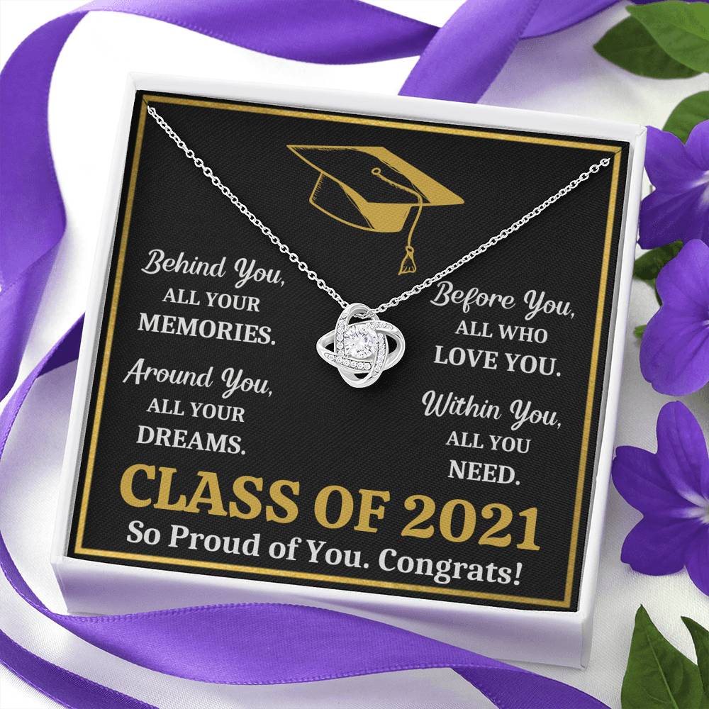 GRADUATION 2021 ALL YOU NEED GOLD LOVE KNOT NECKLACE GIFT SET - ON CLOUD NINE GIFTS