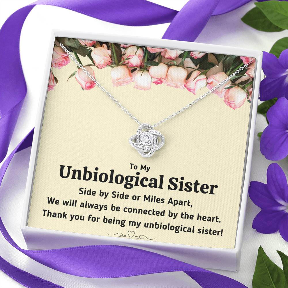 TO MY UNBIOLOGICAL SISTER "CONNECTED BY THE HEART" LOVE KNOT NECKLACE GIFT SET - ON CLOUD NINE GIFTS