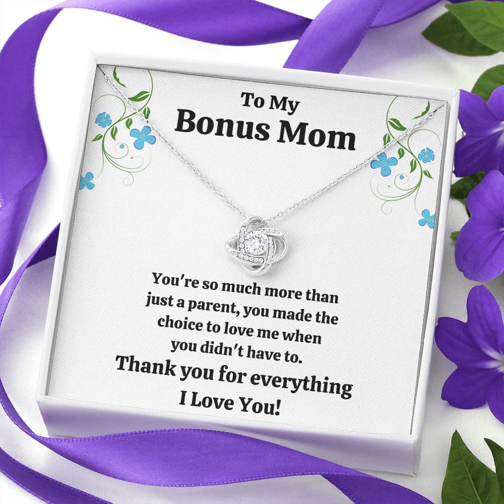 TO MY BONUS MOM "CHOICE TO LOVE ME" LOVE KNOT NECKLACE GIFT SET - ON CLOUD NINE GIFTS