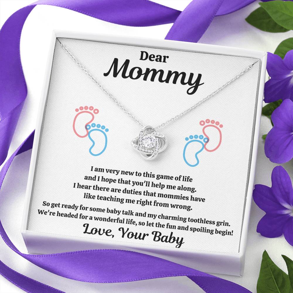 DEAR MOMMY "SPOILING BABY-FEET WHITE" LOVE KNOT NECKLACE GIFT SET - ON CLOUD NINE GIFTS