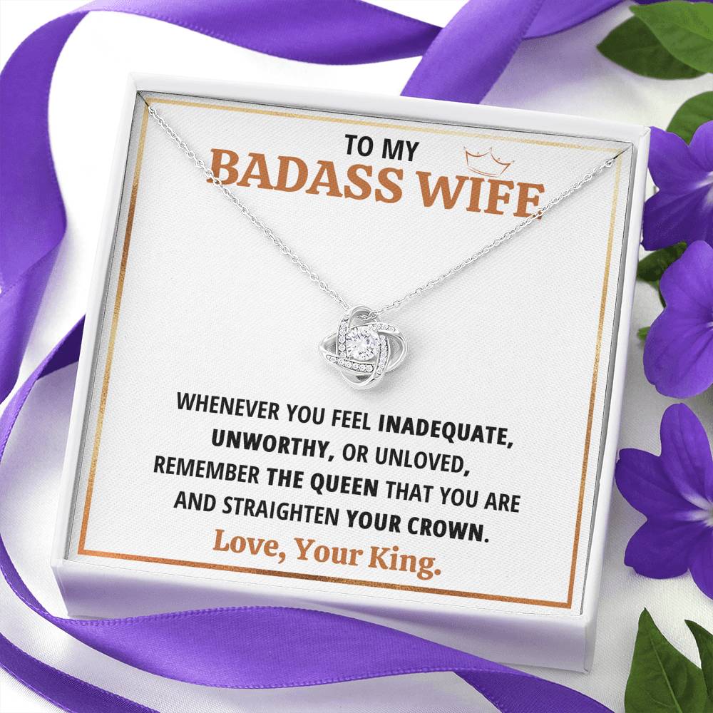 TO MY BADASS WIFE QUEEN LOVE KNOT NECKLACE GIFT SET - ON CLOUD NINE GIFTS