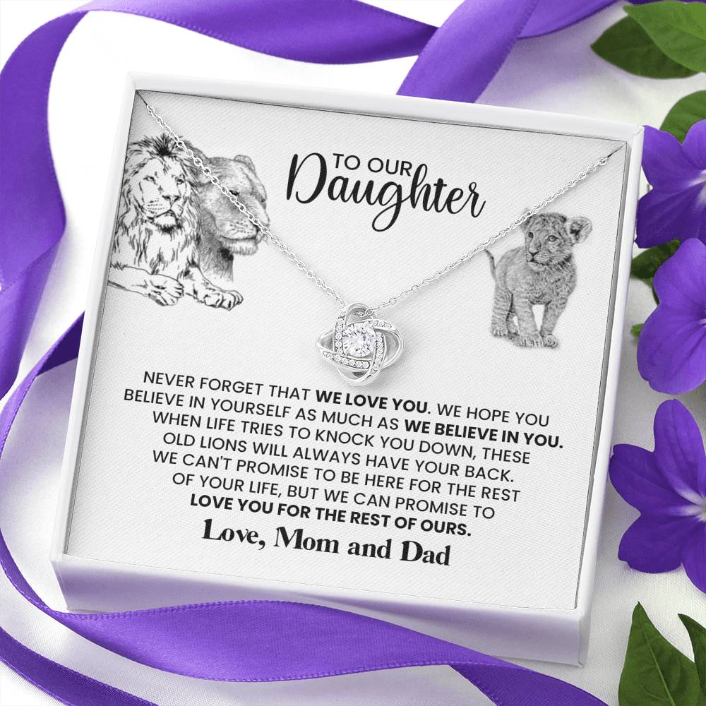 TO OUR DAUGHTER "THESE OLD LIONS" LOVE KNOT NECKLACE GIFT SET - ON CLOUD NINE GIFTS