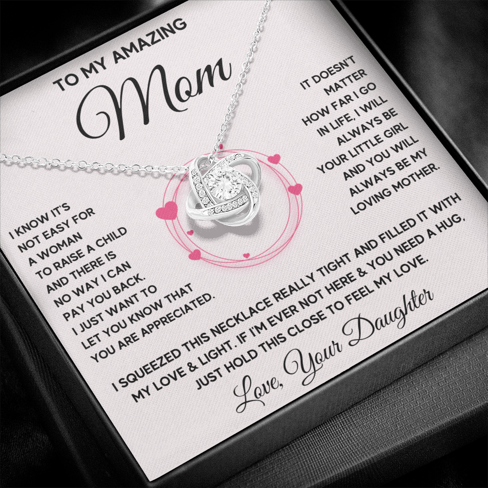 Mother birthday gift from daughter on Mothers Day Heart Pendant Love Knot Necklace I Love You Mom Gifts with Message Card and Gift Box - ON CLOUD NINE GIFTS