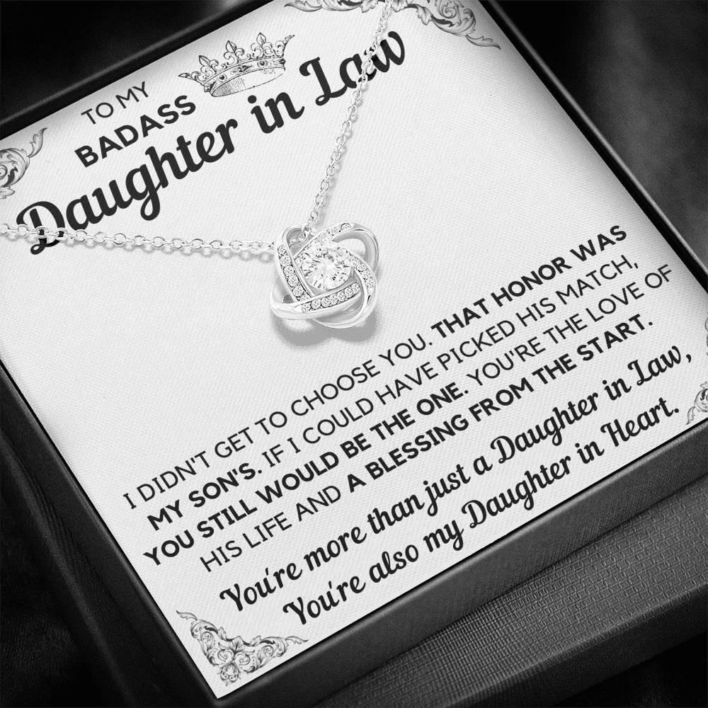 TO MY BADASS DAUGHTER-IN-LAW HONOR LOVE KNOT NECKLACE GIFT SET - ON CLOUD NINE GIFTS