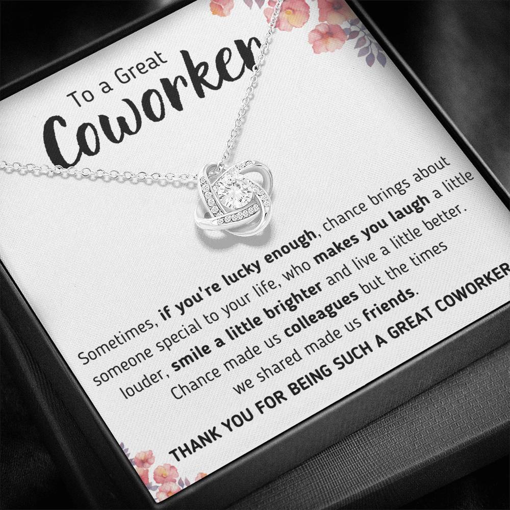 TO A GREAT COWORKER "A LITTLE BETTER" LOVE KNOT NECKLACE GIFT SET - ON CLOUD NINE GIFTS