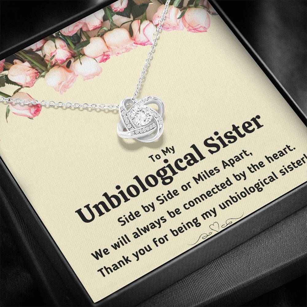 TO MY UNBIOLOGICAL SISTER "CONNECTED BY THE HEART" LOVE KNOT NECKLACE GIFT SET - ON CLOUD NINE GIFTS