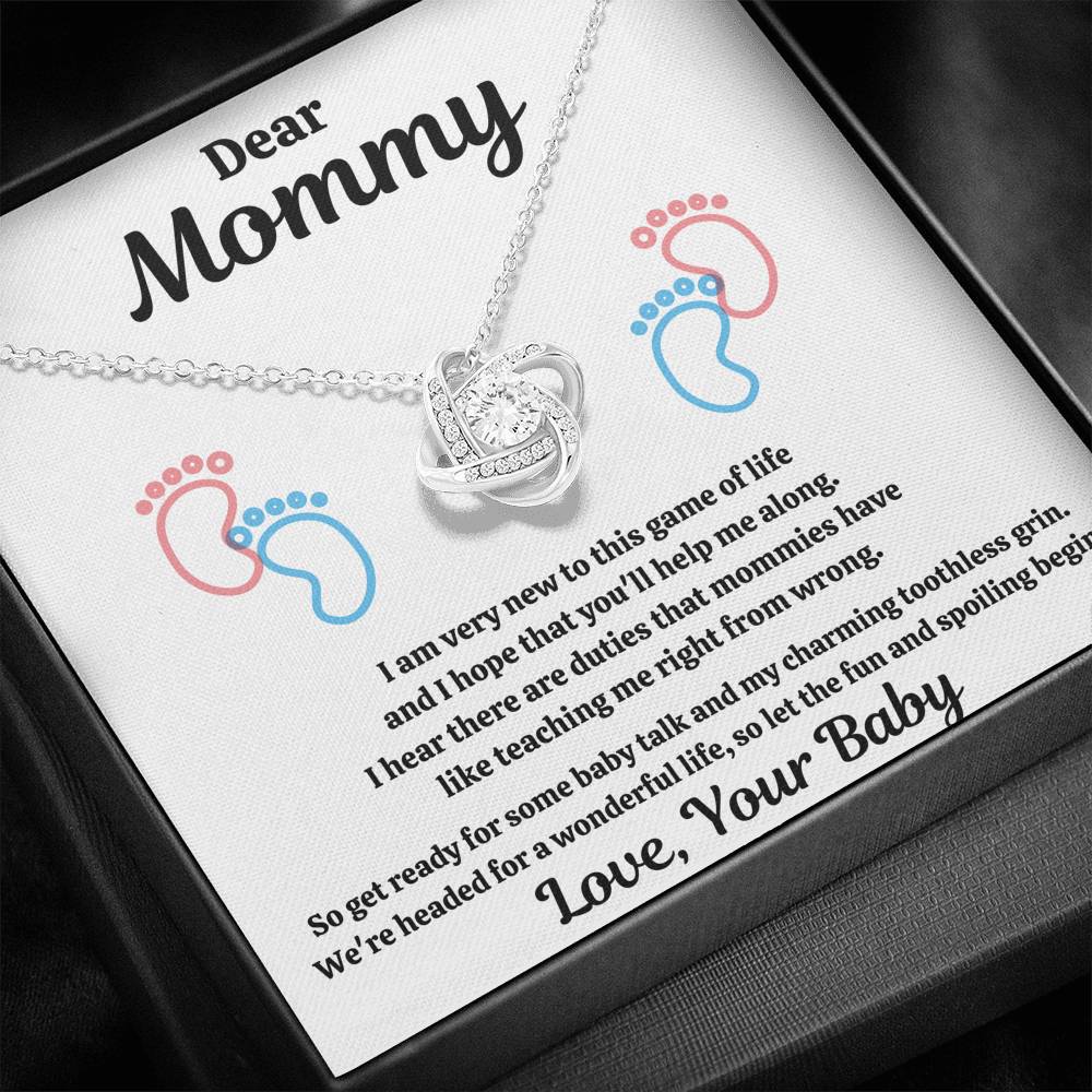 DEAR MOMMY "SPOILING BABY-FEET WHITE" LOVE KNOT NECKLACE GIFT SET - ON CLOUD NINE GIFTS