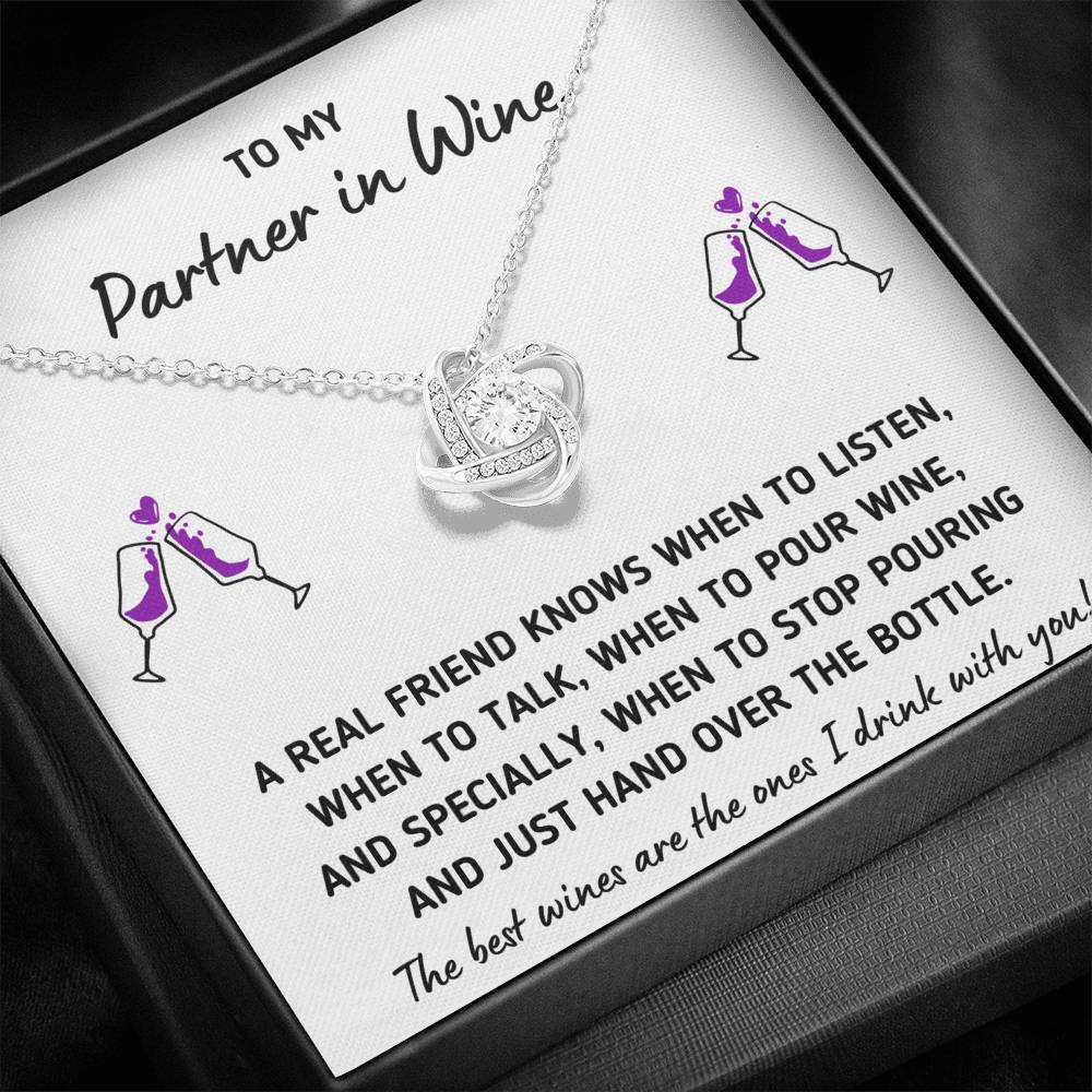 TO MY PARTNER IN WINE "HAND OVER THE BOTTLE" LOVE KNOT NECKLACE GIFT SET - ON CLOUD NINE GIFTS