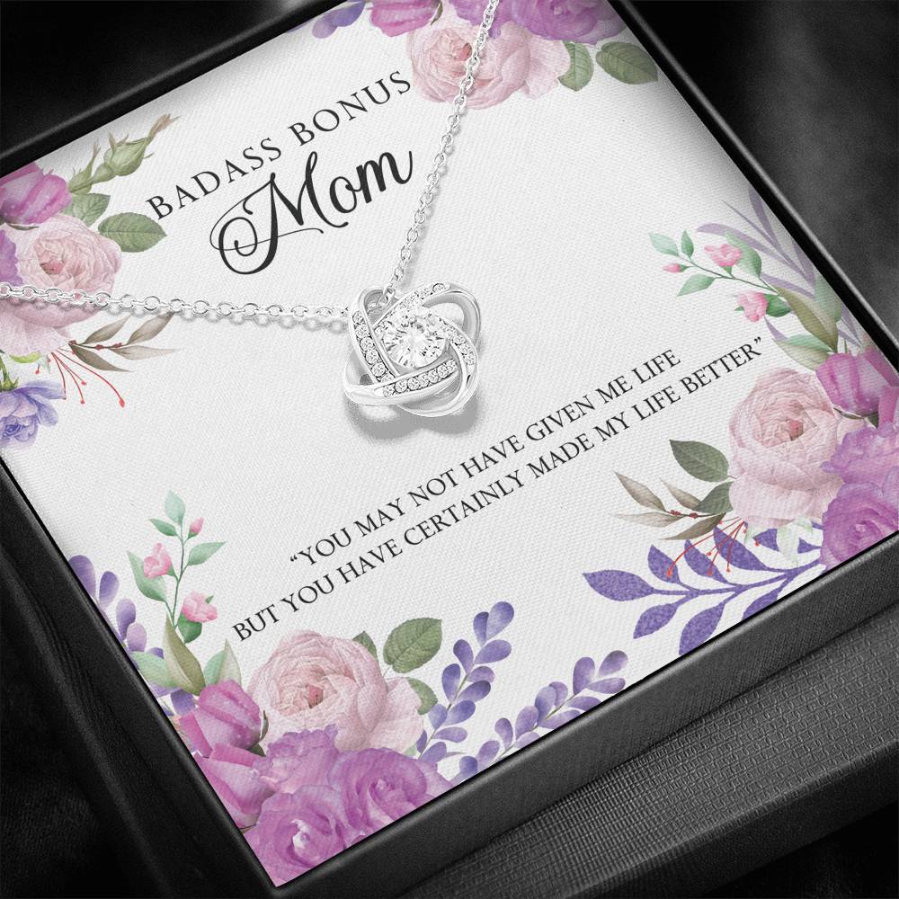TO MY BADASS BONUS MOM "LIFE-SO" LOVE KNOT NECKLACE GIFT SET - ON CLOUD NINE GIFTS